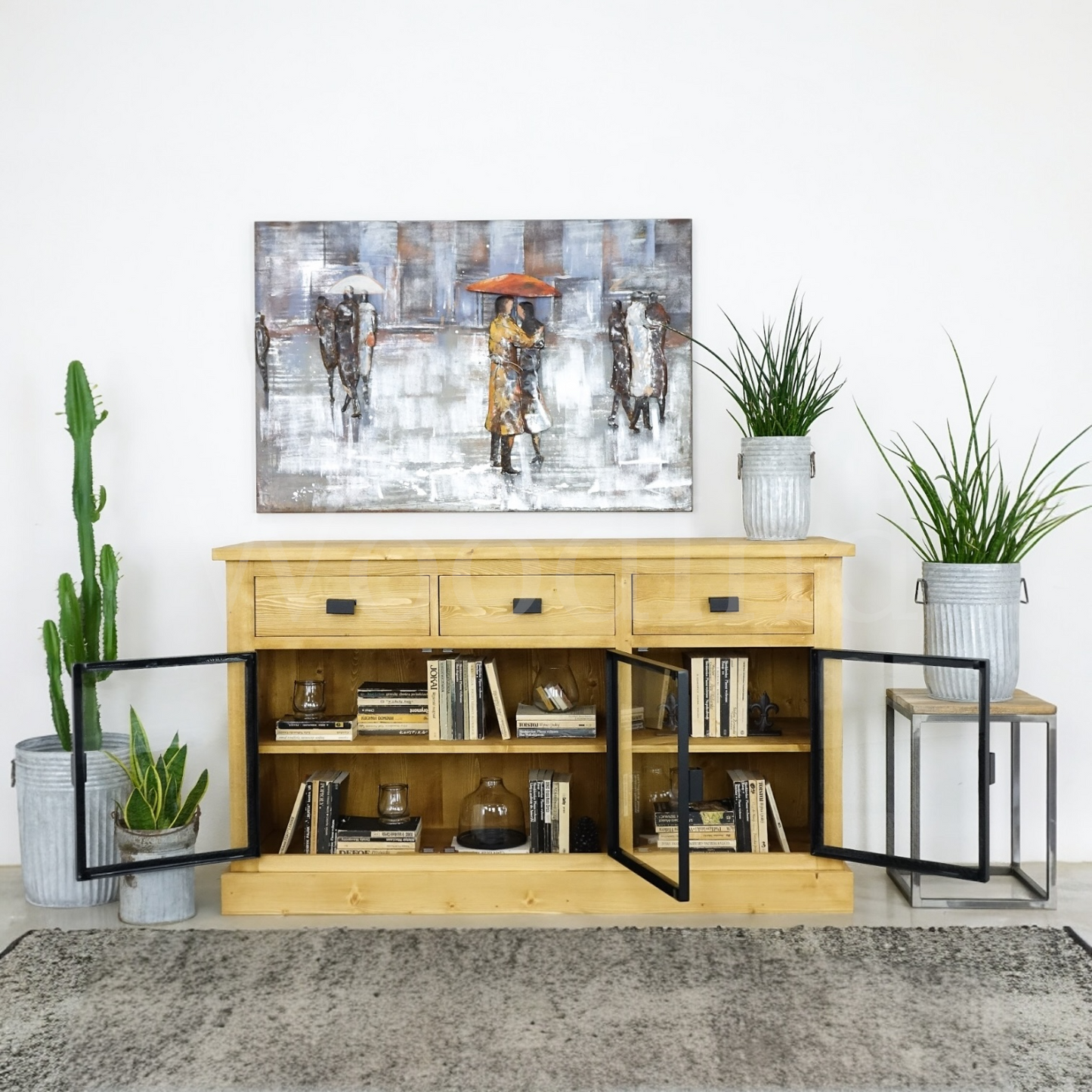 Buffet en bois massif trois tiroirs et trois porte en verre - INDUS La fabrique du meuble