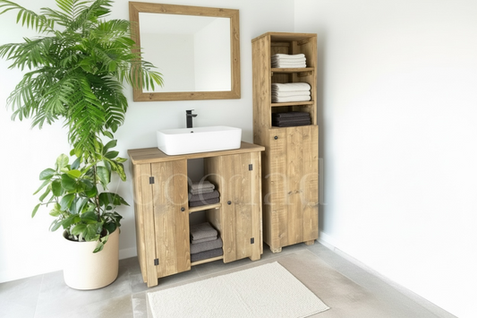 meuble de salle de bain en bois avec sa colonne assortie