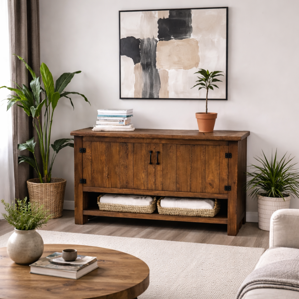 meuble en bois brut dans un salon moderne