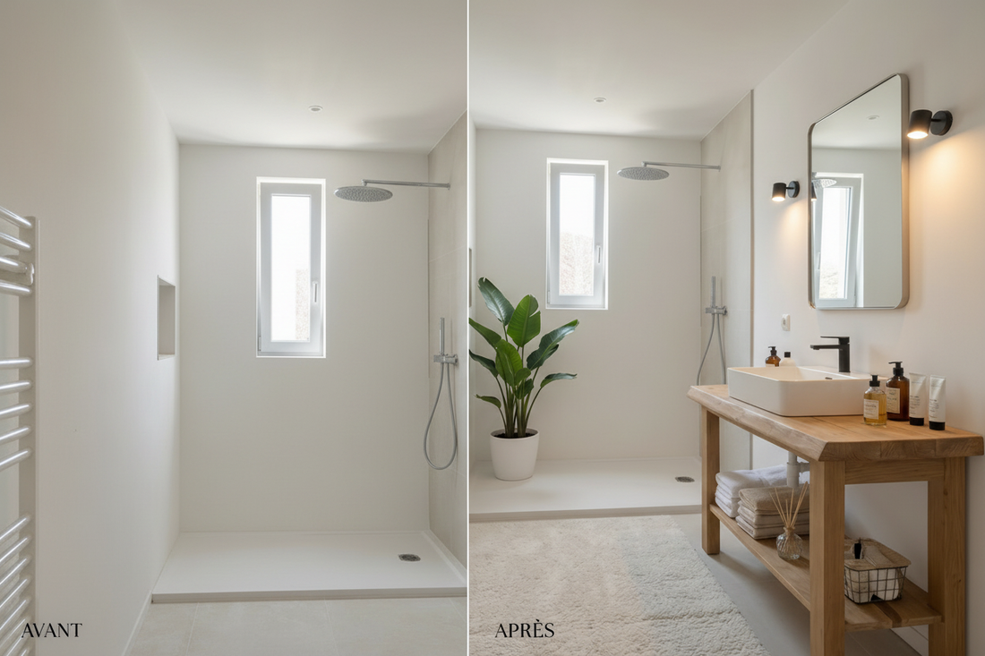 avant/après d'une salle de bain avec un meuble en bois sur mesure 