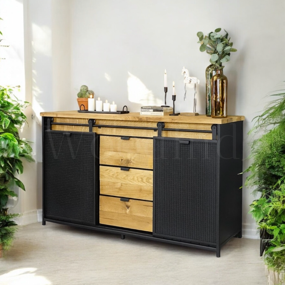 Buffet en bois et porte coulissante fer noir - INDUS