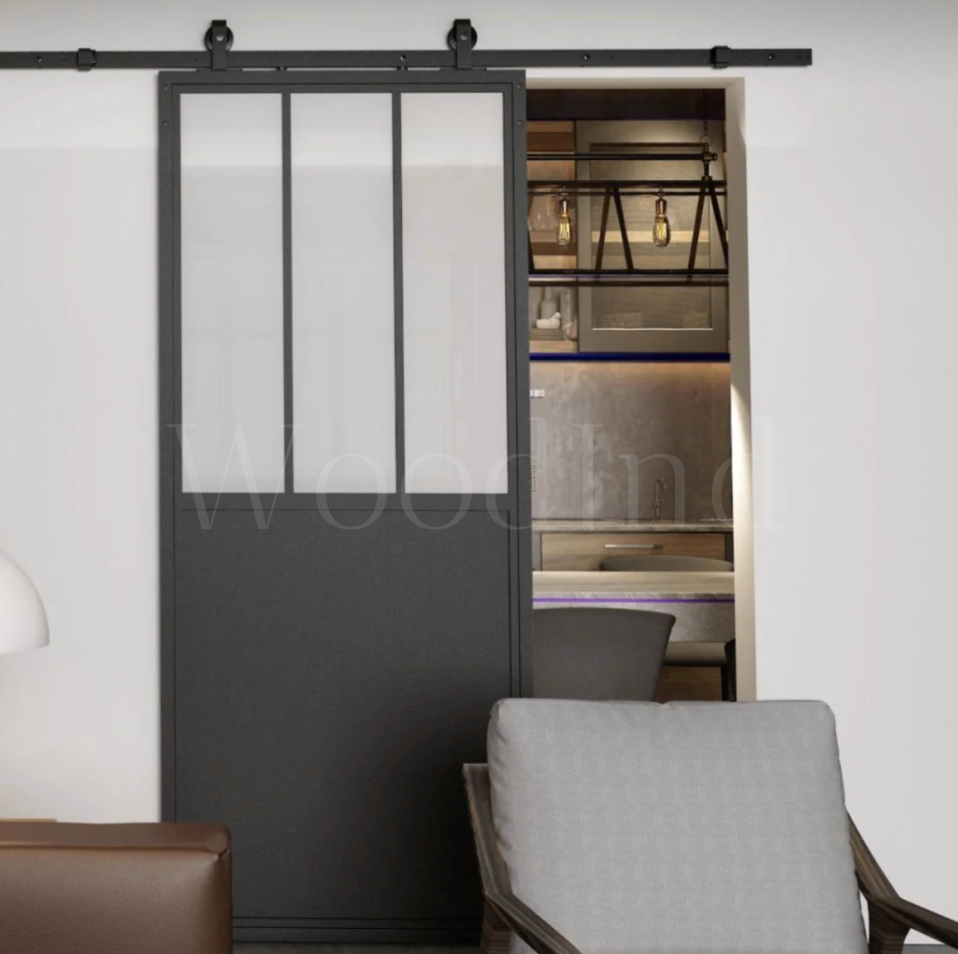 Porte coulissante sur rail vitrée en fer La fabrique du meuble