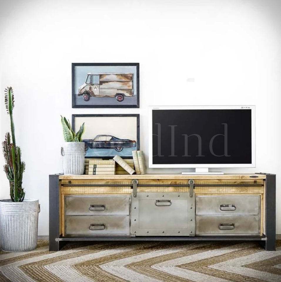 Meuble TV porte coulissante en fer gris - SOLID La boutique du meuble