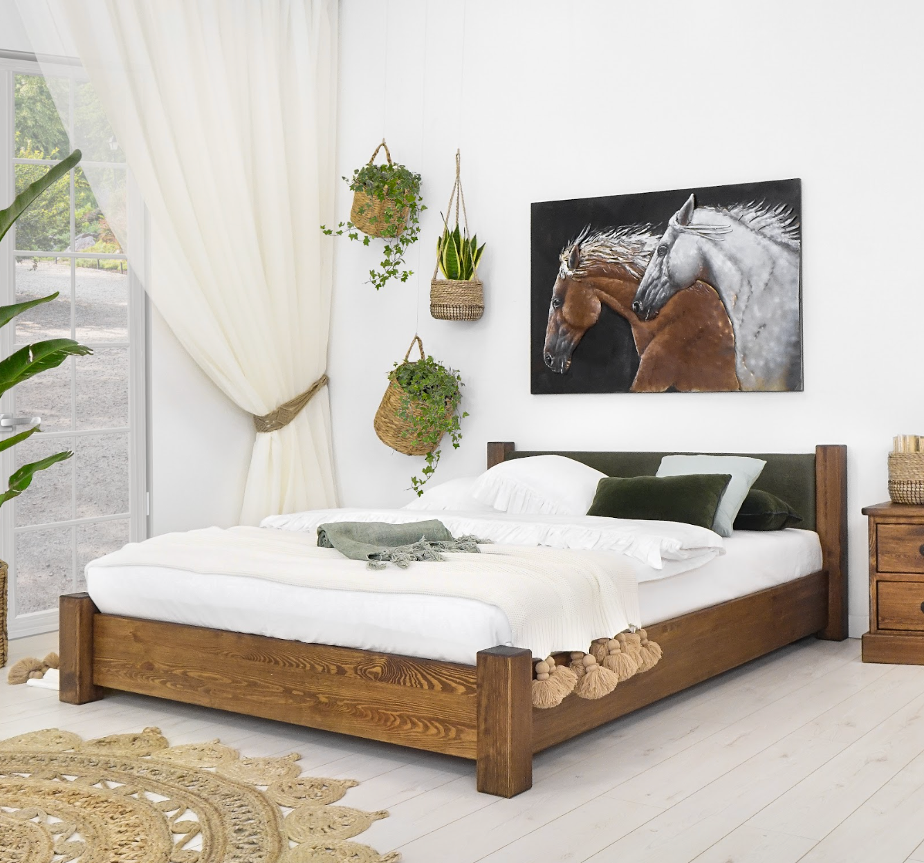 Lit double en bois brut avec une tête de lit kaki AUTHENTIQ La fabrique du meuble