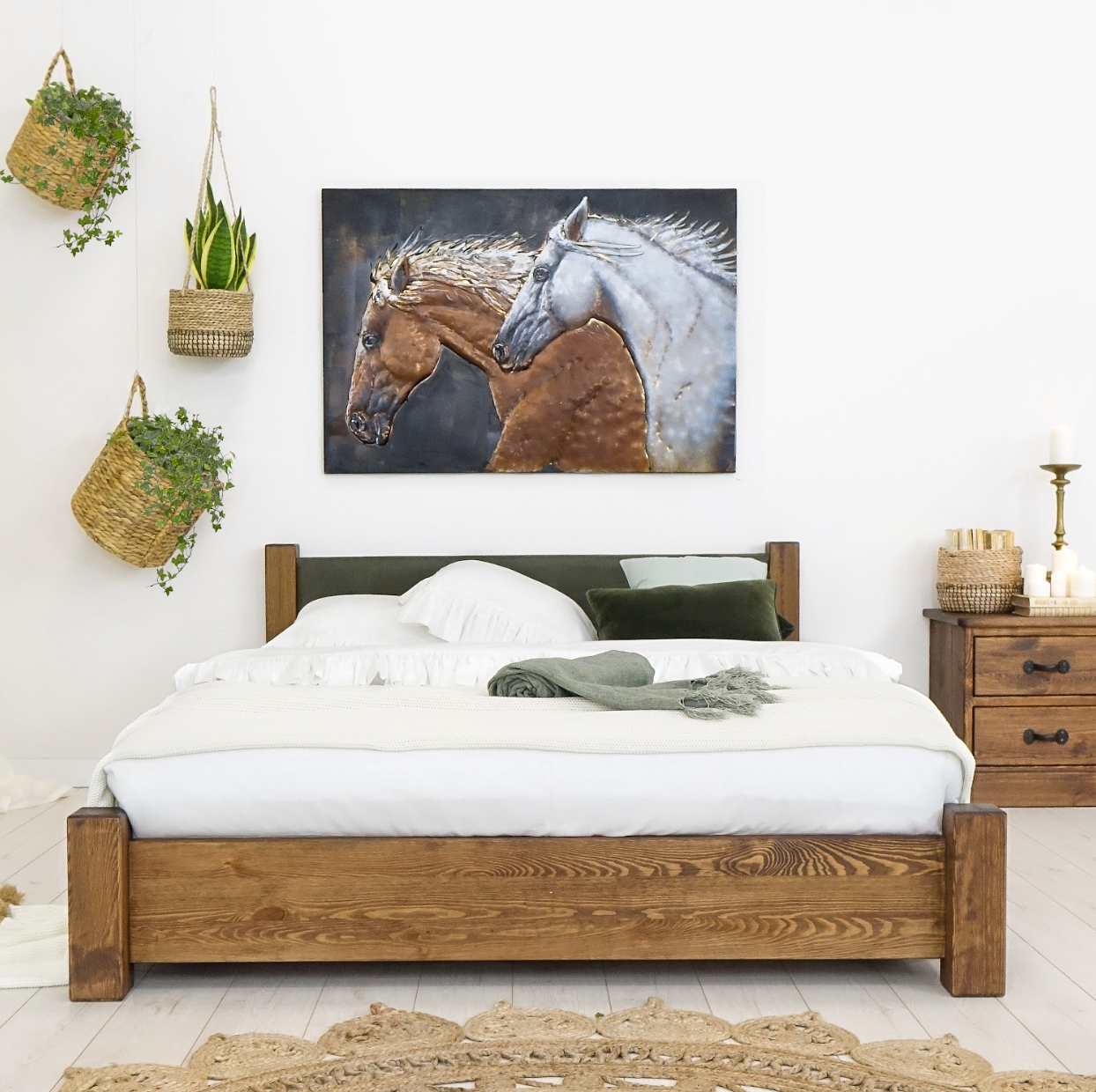 Lit double en bois brut avec une tête de lit kaki AUTHENTIQ La fabrique du meuble