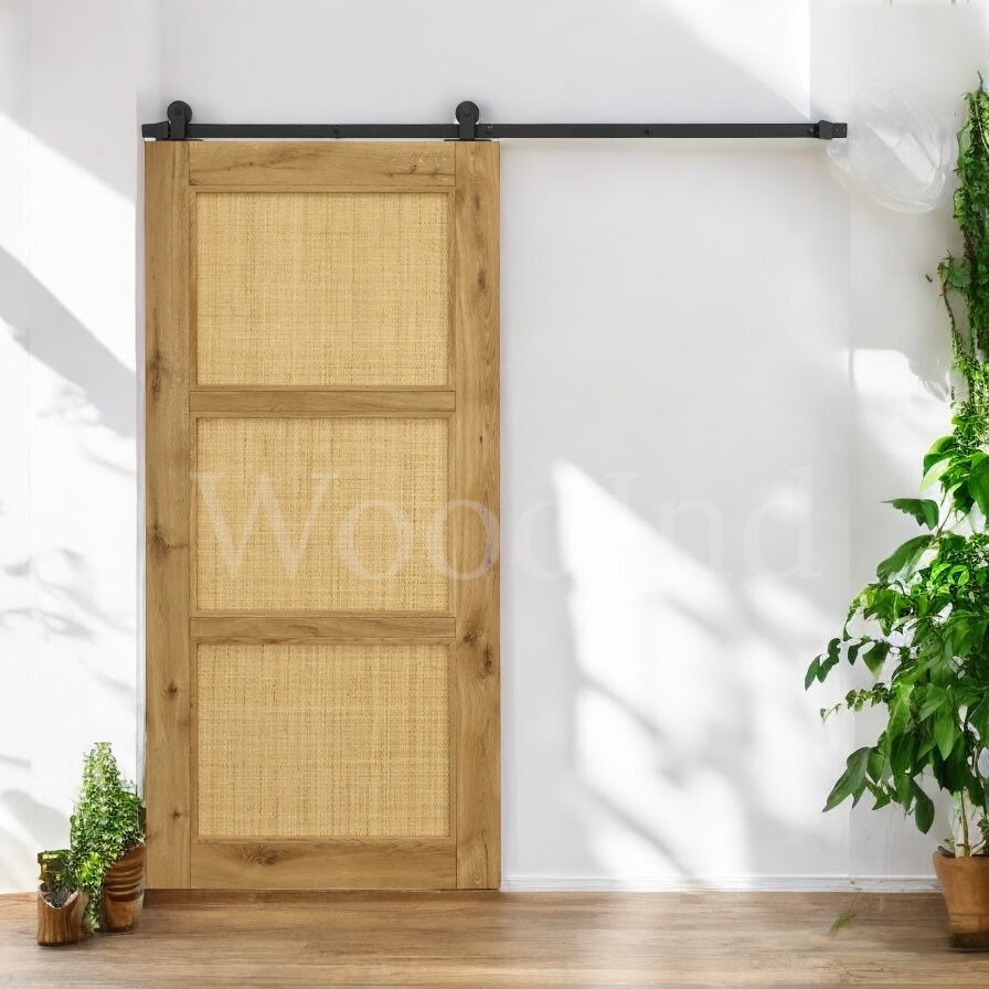 Porte sur rail coulissante en chêne et rotin opaque La fabrique du meuble