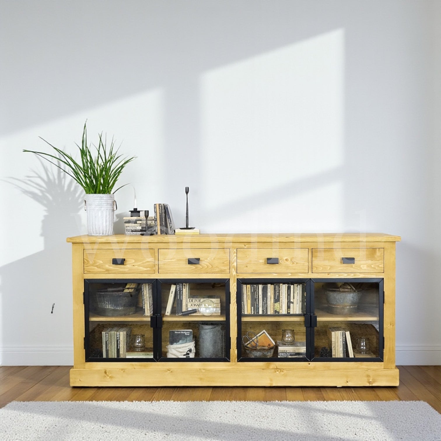 Buffet en bois massif avec quatre tiroirs et quatre porte en verre - INDUS La fabrique du meuble