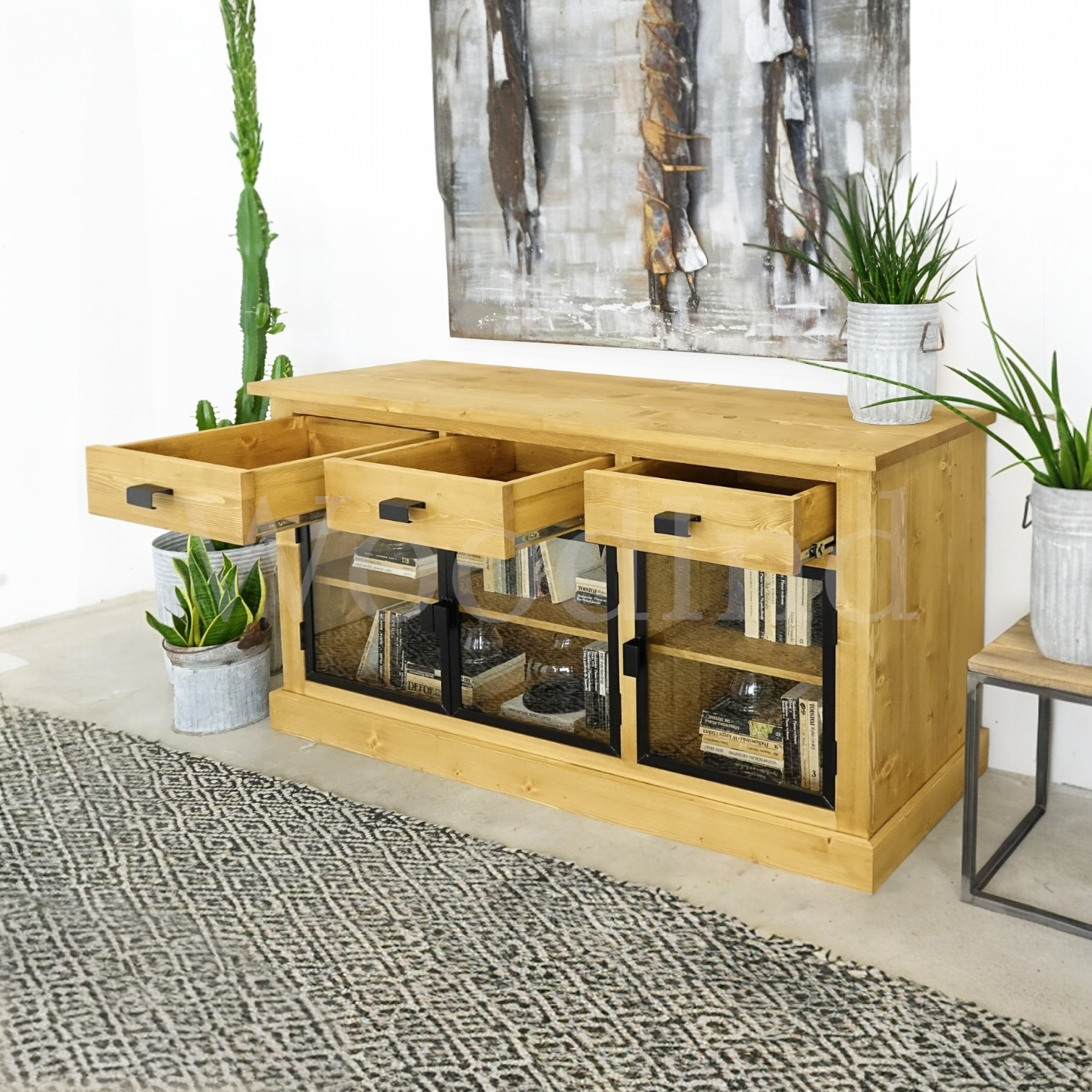Buffet en bois massif trois tiroirs et trois porte en verre - INDUS La fabrique du meuble