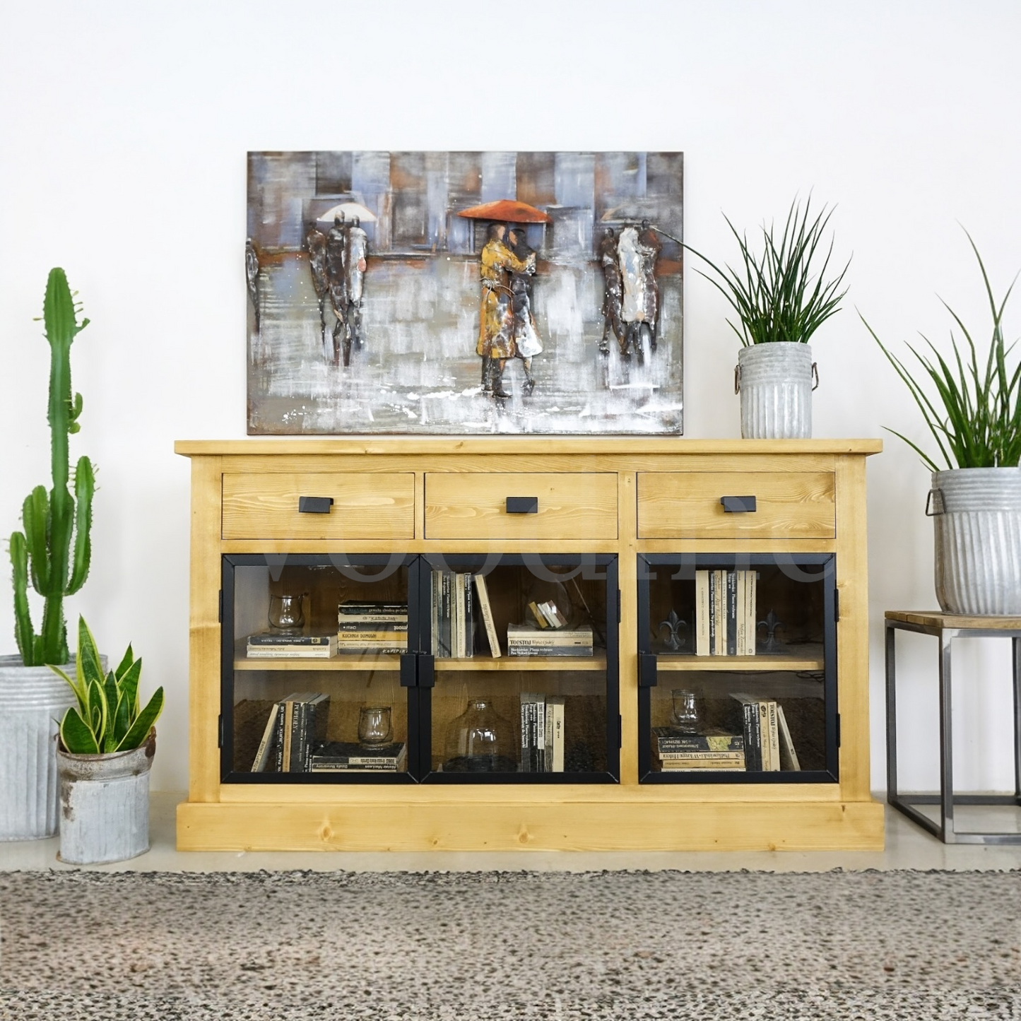 Buffet en bois massif trois tiroirs et trois porte en verre - INDUS La fabrique du meuble