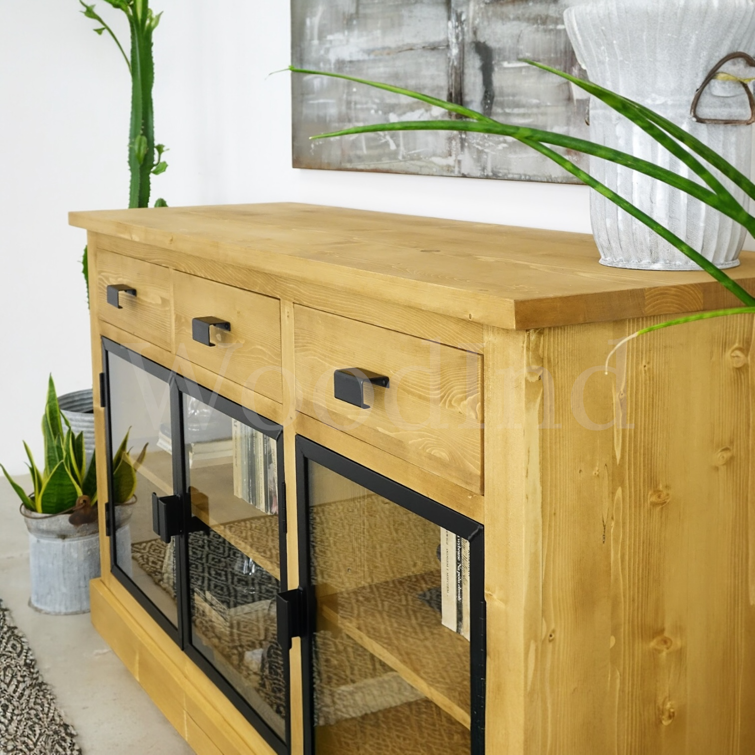 Buffet en bois massif trois tiroirs et trois porte en verre - INDUS La fabrique du meuble