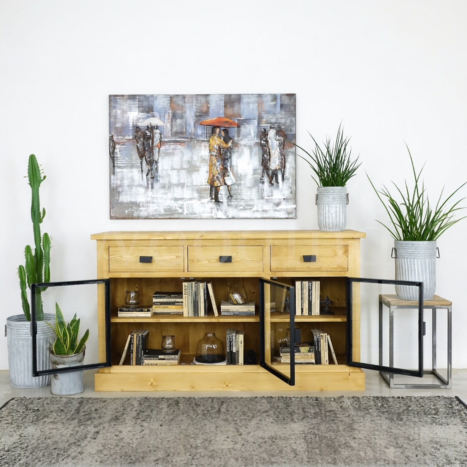 Buffet en bois massif trois tiroirs et trois porte en verre - INDUS La fabrique du meuble